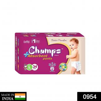 0954 Premium Champs High Absorbent Pant Style Diaper Large Size, 34 Pieces (954_Large_34) Champs